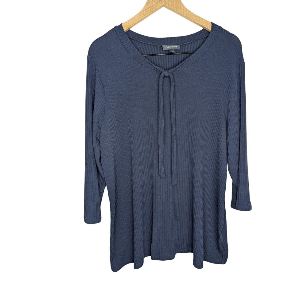 ModCloth Blue Ribbed Tie Neck 3/4 Sleeve Shirt